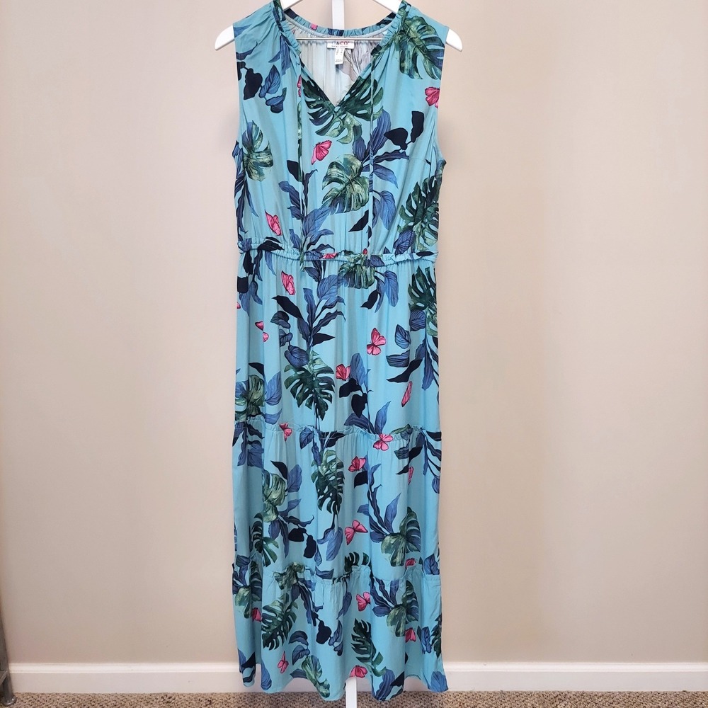 Denim & Co Blue Tropical‎ Leaf Butterfly Tiered Maxi Dress M Sleeveless Vacation